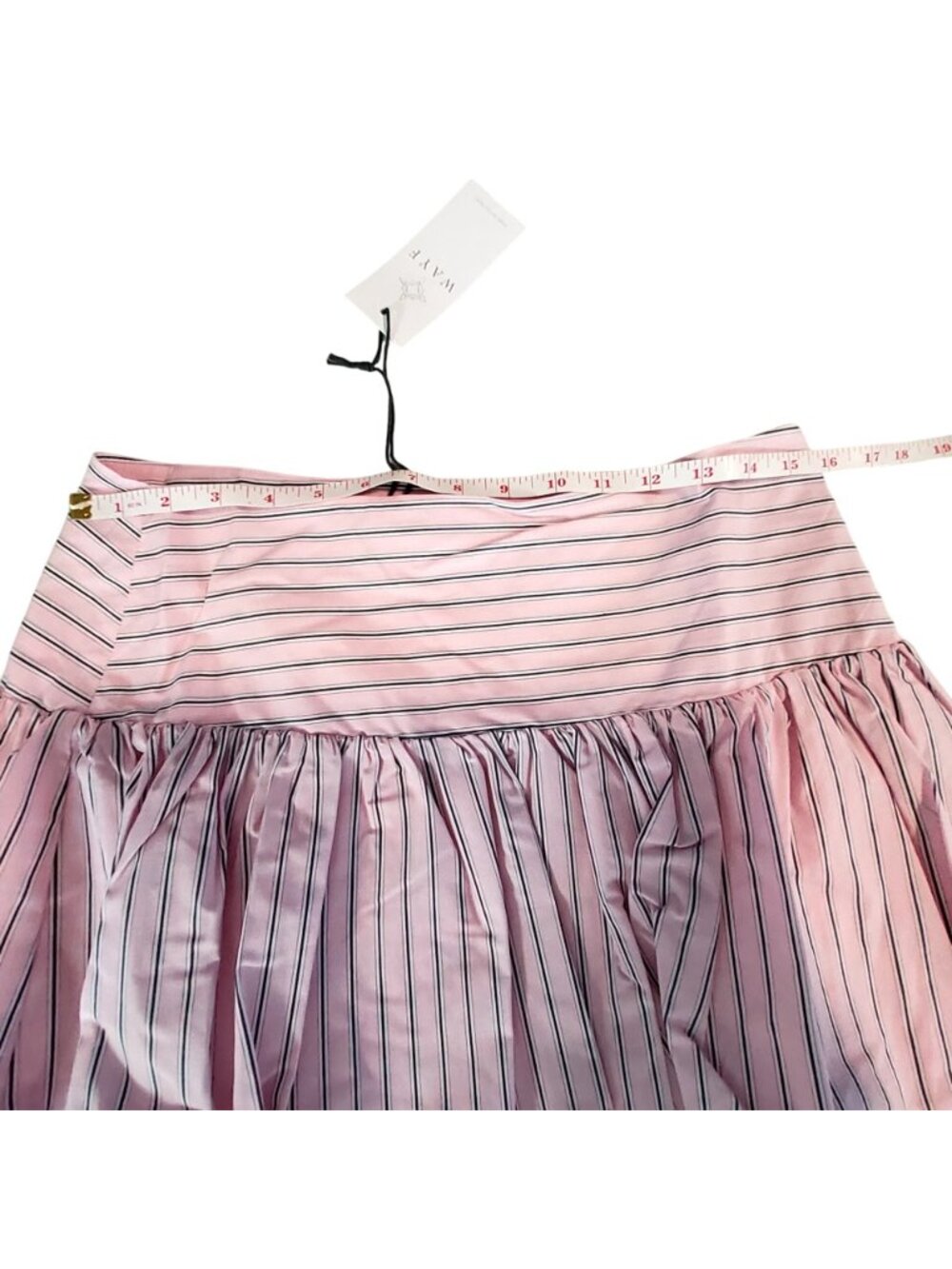 WAYF Pink & White Striped Mini Skirt Size L Elastic Waistband  Ruffled hemline - Picture 3 of 9